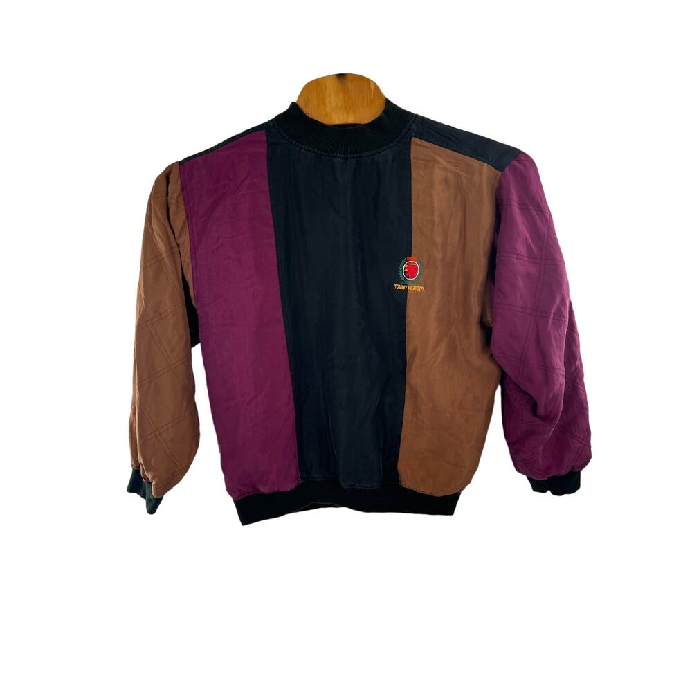 Tommy Hilfiger 100% silk color block pullover puffy lined jacket shirt size M